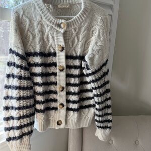 Cream and Navy Cable Knit Cardigan Sweater